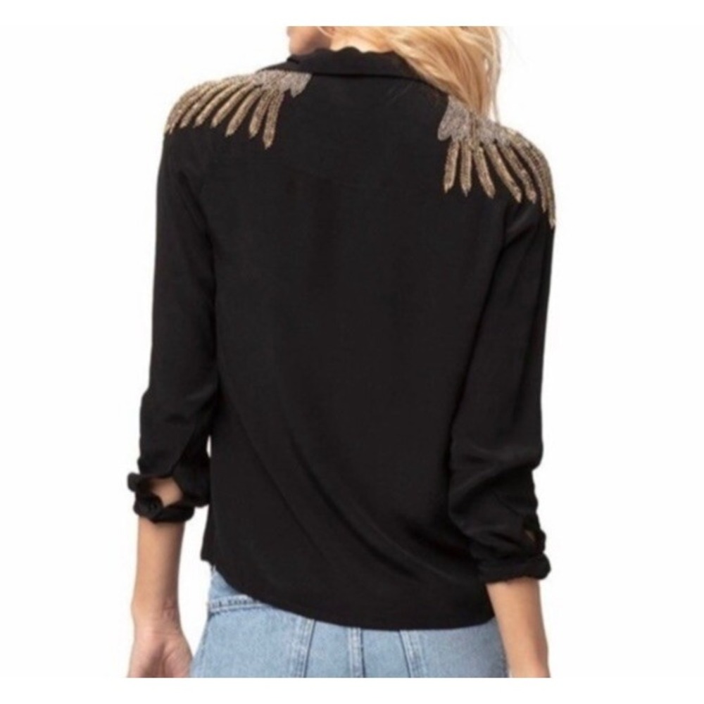 Beaded Shoulder Epaulette Blouse Black Long Sleeve Button Down Shirt Glam